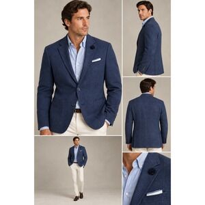 Hart Schaffner Marx Mens Blue Unlined Textured Two Button Sport Coat Blazer